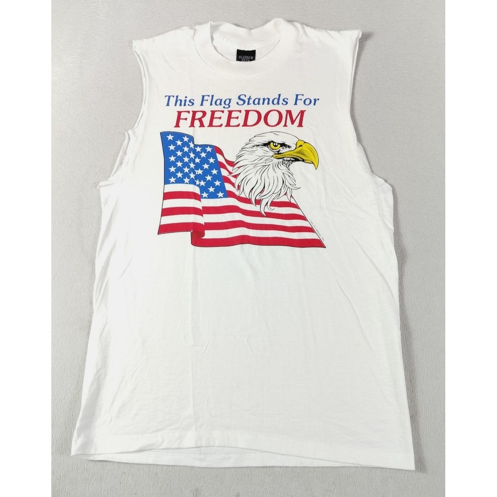 Vintage Platinum Plus Shirt Mens Medium White Bikercore Freedom Eagle Flag 90s‎